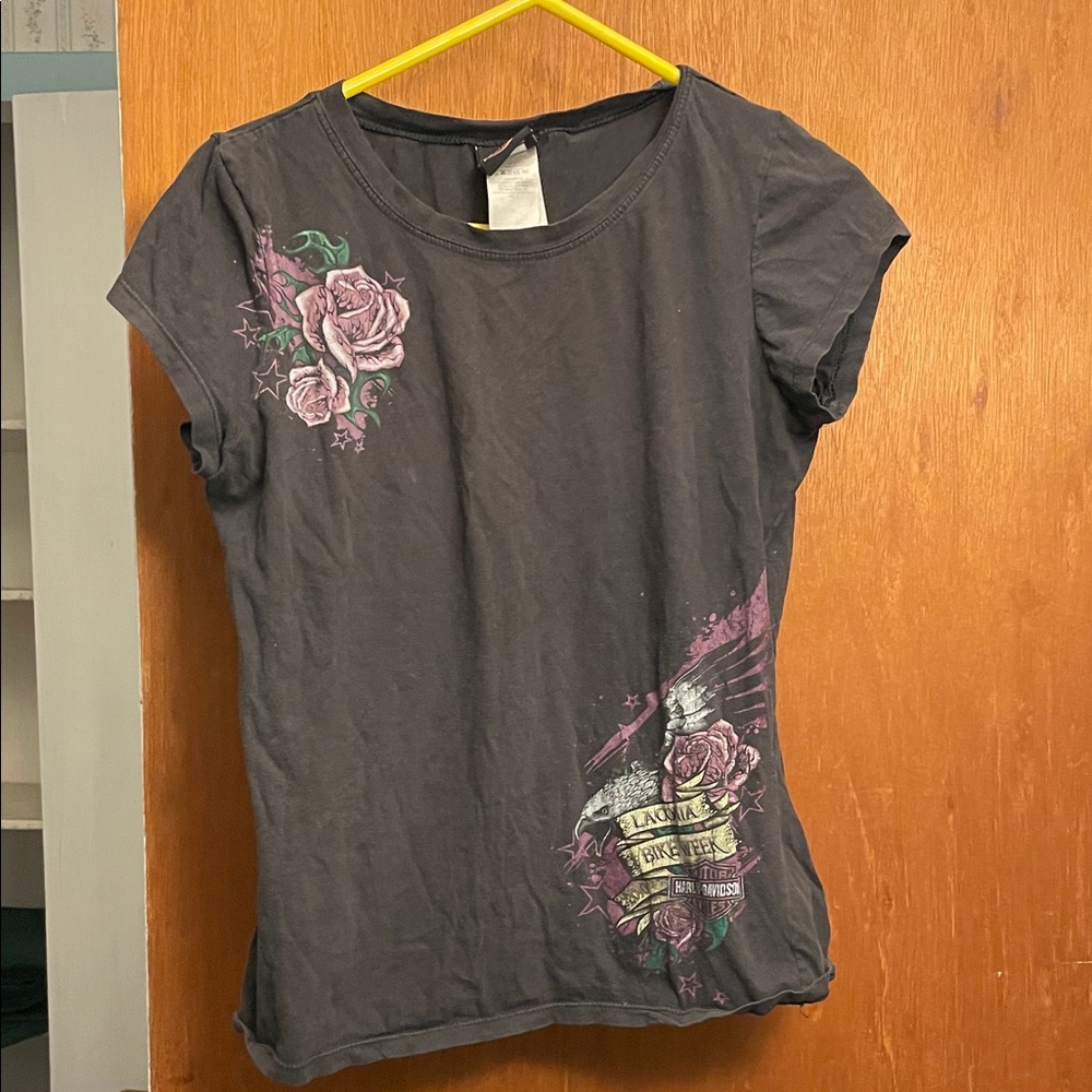 Harley-Davidson Black Tee with Pink Floral Design
